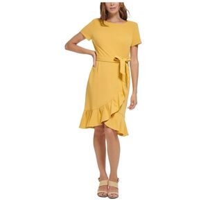 Women's Calvin Klein Belted Fit & Flare Ruffle Dress - Size 4 - Mustard